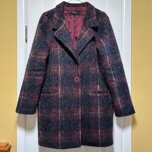 Simons Plaid Pea Coat - Red and Gray